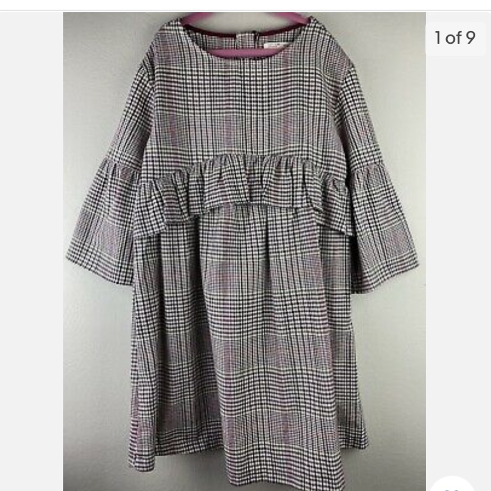 Zara Kids Girl's Size 11/12 Shift Dress Bell Sleeve Houndstooth Plaid